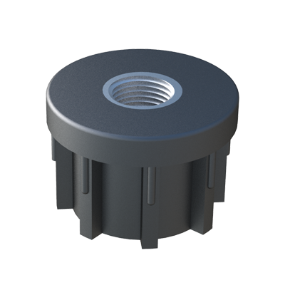 Our round reinforced tube inserts allow to assemble structures of tubes on levelling feet quickly. It has a nickel-plated brass threaded insert inside, which has been inserted during the injection process. It is also available for square tubes: JTPOA.