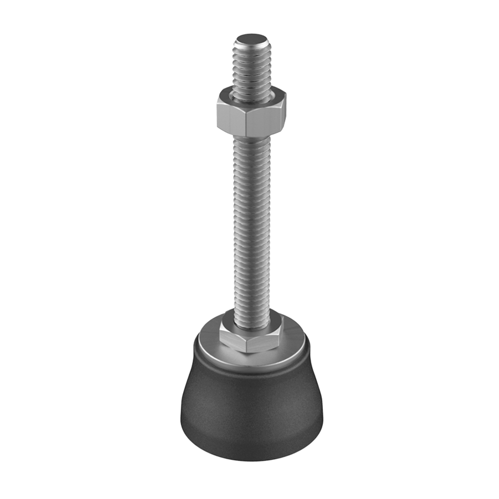 Our <b>heavy-duty fixed feet</b> JTPZ feature a reinforced base made of <b>glass-filled polyamide 6</b>, allowing them to support loads up to 7.659 N depending on the reference. These levelers are designed for applications requiring a high-quality finish and good mechanical properties. They can be supplied with an <b>anti-slip base</b> in <b>EPDM</b>.<br>
<br>
The standard thread is made of <b>stainless steel type 304</b>, and upon minimum order, we can supply it in <b>type 316</b>.<br><br>
Levelers with a rod length (L) equal to or greater than <b>71 mm</b> are supplied with an <b>adjustment nut</b>.