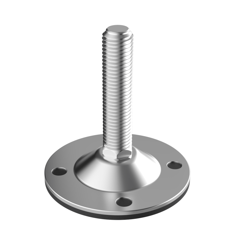 Our LHVL leveling feet, made of zinc-plated steel, are designed for use in <b>machinery applications</b> and withstand a load of up to <b>30,000 N</b>. Load values are calculated under static conditions and at half the screw length. In the presence of vibrations or dynamic loads, these values must be reduced.<br>
The base has <b>4 holes</b> with a diameter of 12.50 mm, allowing it to be screwed to the floor. Additionally, the thread has an <b>8º tilt</b> to compensate for floor unevenness.<br>
Each reference is available with a <b>non-slip base made of vulcanized NBR rubber, 80 Shore</b>. This base can be drilled to use the fixing holes.<br>
We can also supply a <b>hex nut to secure the shaft and prevent tilting</b>. This option is only available for variants without a non-slip base (type 1). Please contact our sales department if you are interested.