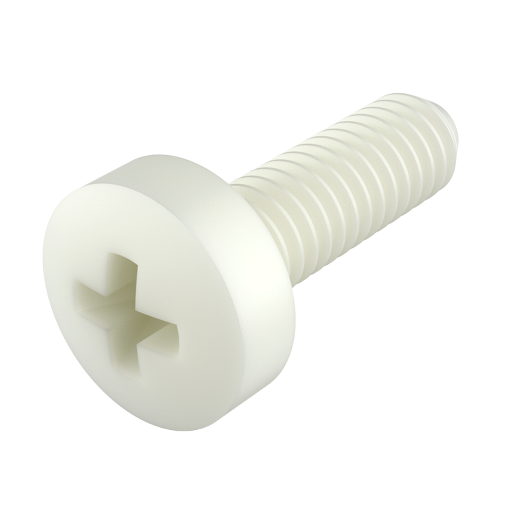 Our metric thread MTCA screws with <b>Fillister phillips head</b> , similar to <b>DIN 34812 (DIN 7985) / ISO 7045</b>, are manufactured in various <b>engineering materials</b> that promote properties such as chemical, mechanical, oxidation resistance, etc.<br><br>
These panned screws are available in <b>PA66</b> (Polyamide 66 “Nylon”), <b>PP</b> (Polypropylene), <b>POM</b> (Acetal Resin), <b>PVDF</b> (Polyvinylidene Fluoride), <b>PEEK</b> (Polyetheretherketone) and <b>PAGF</b> (Polyamide with the possibility of up to 50% fiberglass).<br><br>
<i>The measurements of M2 and M2.5 are supplied only in PA66.</i><br>