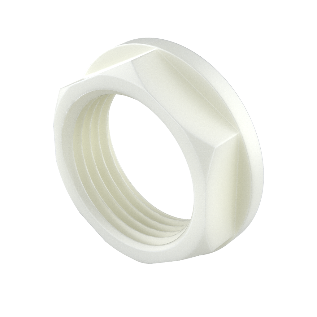 Our MTHA metric thread <b>flange hex</b> nuts, similar to <b>DIN 6331</b>, are manufactured in various <b>engineered materials</b> that promote properties such as chemical resistance , mechanical, oxidation, etc.<br><br>
These hexagonal nuts are available in <b>PA66</b> (Polyamide 66 “Nylon”), <b>PP</b> (Polypropylene), <b>POM</b> (Acetal Resin), < b>PVDF</b> (Polyvinylidene Fluoride), <b>PEEK</b> (Polyetheretherketone) and <b>PAGF</b> (Polyamide with the possibility of up to 50% fiberglass).<br>