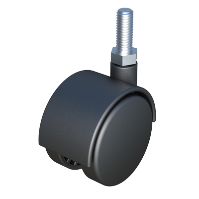 Rotatory wheel with brake made of polypropylene. Its threaded stud makes it ideal to be placed in threaded inserts. The recommended individual loading capacity is 50 kilos.
