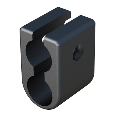 Connector to attach two round tubes in parallel, with slot for a nut to be able to set a stand. Made of PA6 (nylon), provides excellent mechanical strength as well as the temperatures, weather and impact resistance.