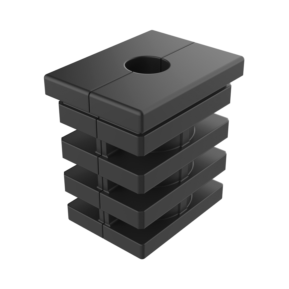 <p>Our <b>SCAAB expanding end cap</b> for rectangular tubes incorporates two cavities for housing an axle. The cavities allow hexagonal nuts to be inserted.</p>
<p>The expansion system creates a plug-like effect inside the tube, providing greater rigidity and stability to the joint, especially in structures subject to movement or vibration. Thanks to the rigidity of the joints, they are suitable for securing components against walls or ceilings. The end cap head can withstand compressive loads. For wheel fixing, the thread must be fully tightened to achieve the expansion effect. Using 2 nuts provides greater resistance to lateral impacts than a single nut, but does not increase pressure resistance, which is limited by the end cap head.</p>
<p>· <b>Material:</b> PA6 (Polyamide 6)<br>
· <b>Colour:</b> Black<br>
· <b>Flammability:</b> UL94HB<br>
· <b>Nuts:</b> ZCS (Zinc-plated steel) or SS (Stainless steel)<br>
· <b>Configuration:</b> without nuts, 1 upper nut, 1 lower nut or 2 nuts</p>
<p><i>For special colour or nut type configurations, please consult the sales department.</i></p>