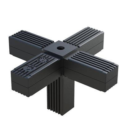 Our 5-way connector has been designed for square tubes. It is supplied with an internal core in steel or in zinc coated steel. It has a thread of M8 or M10, depending on the reference.