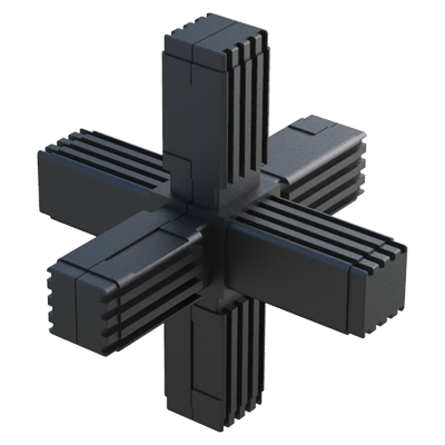 Our 6-way connector has been designed for square tubes. It is supplied without internal core, or with an internal core in steel, stainless steel 1.4301 (AISI 304) or in zinc coated steel.