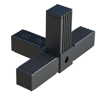 Our 4-way connector has been designed for square tubes. It is supplied with an internal core in steel. It has a thread of M8 or M10, depending on the reference.