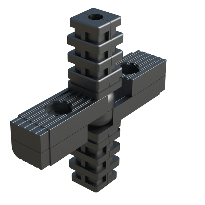 Our 4-way connector has been designed in order to connect square tubes. It is supplied without internal metal core or with the internal core in steel, stainless steel or in zinc coated steel.