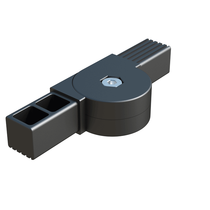 Our hinge 2-way connector has been designed for square tubes. It has an angle which goes from 0º to 60º, or from 0º to 180º, or which goes from 0º to 190º, depending on the reference.