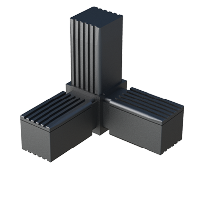 Our “Y” connector, made up of two parts, allows you to join <b>3 square tubes</b> and is supplied <b>with</b> or <b>without a Steel </b> (S), <b>Zinc-Coated Steel</b> (ZCS) or <b>Stainless Steel</b> (SS) core. <br>
Using a correct construction and weight distribution, it allows to build frames subjected to <b>low - medium</b> or <b>high</b> static loads - depending on the reference.
To avoid possible contact corrosion, in case you want to reinforce the connector by means of rivets, pins, etc., drilling into the steel core should be avoided.
The <b>Nylon</b> (PA6) used is highly resistant and gives the connector a long useful life. <br>
Contact our sales office if measures or any other product specification is not within the standard program.