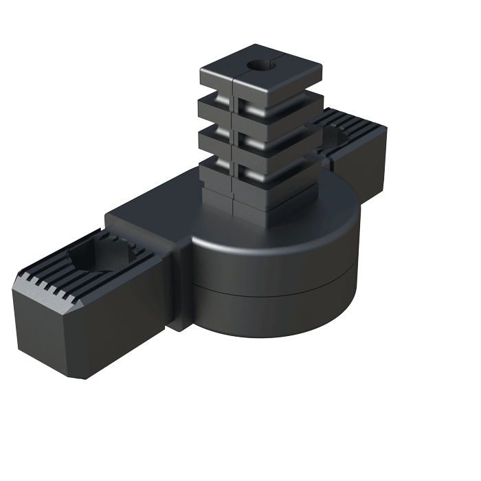 Our hinge 3-way connector has been designed for square tubes. It has an angle which goes from 0º to 190º, or from 45º to 200º, depending on the reference.