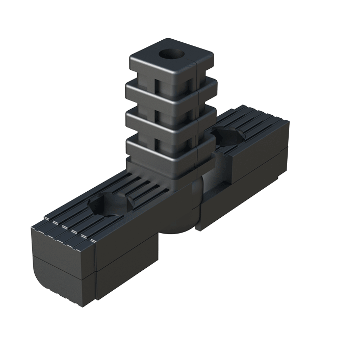 Our hinge 3-way connector has been designed in order to connect square tubes. It has an angle which goes from 60º to 300º.